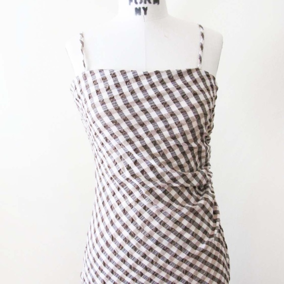 House of Harlow 1960 Dress Small Brown White Gingham Plaid Ruched Spaghetti - Picture 3 of 5